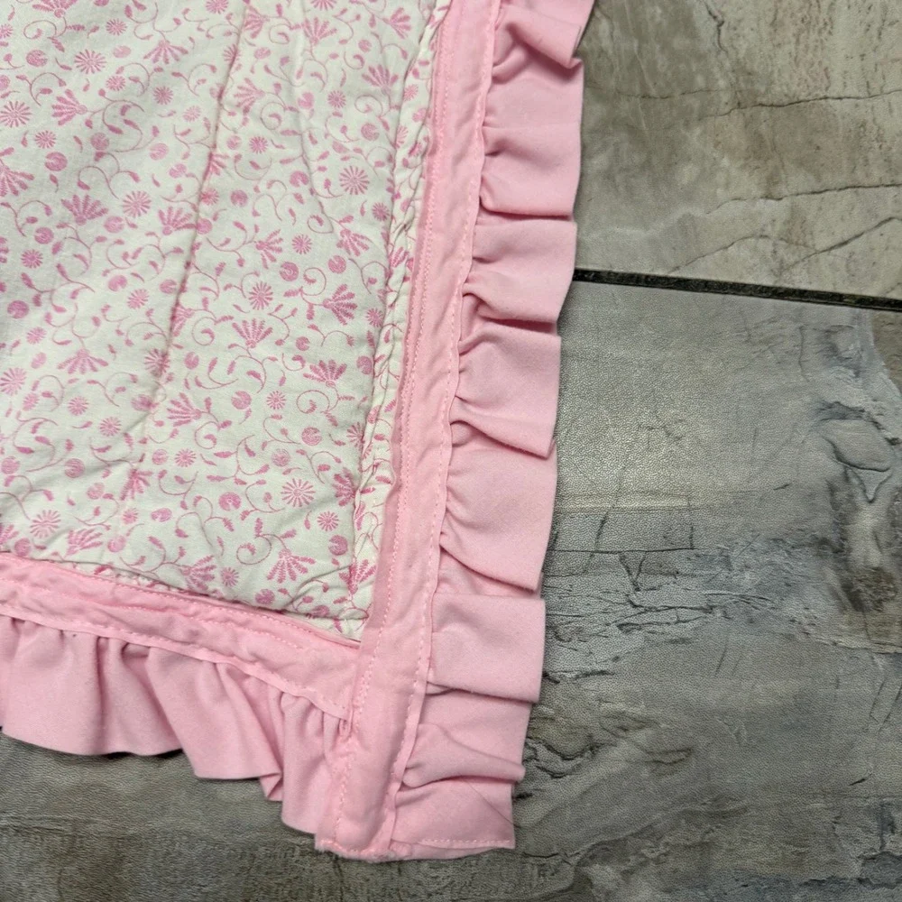 Vintage Pink Floral and White Eyelet Ruffle Trim Reversible Lap Blanket 32x32